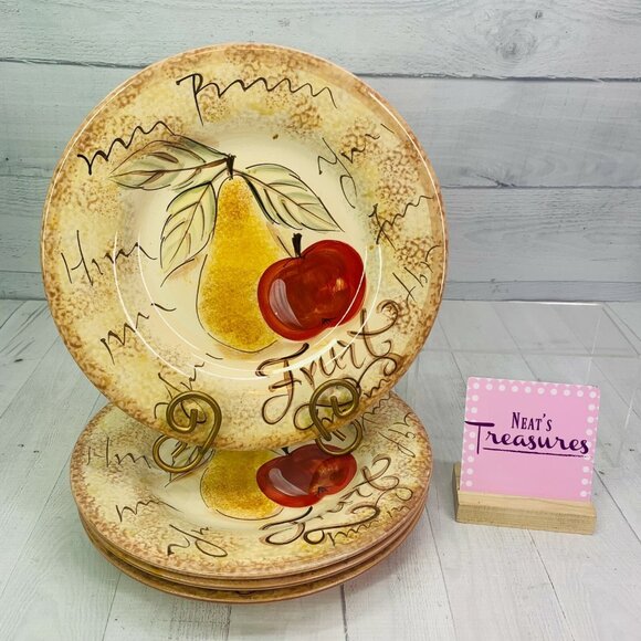 Tabletops Unlimited NAPA Words Fruit Hand Painted Stoneware  Dinner Plates Set 4 - Picture 1 of 11